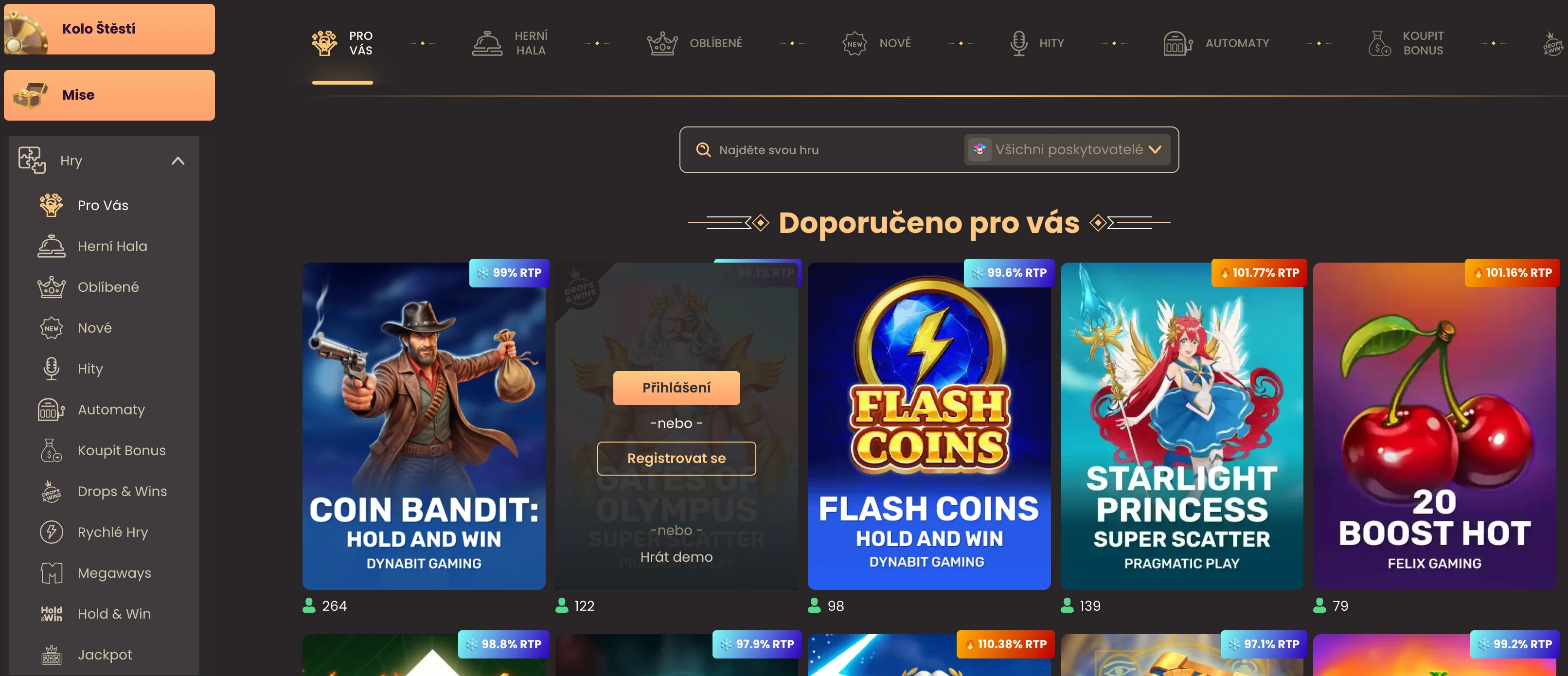 Lobby de National Casino con categorías, búsqueda, recomendaciones y valores RTP en directo