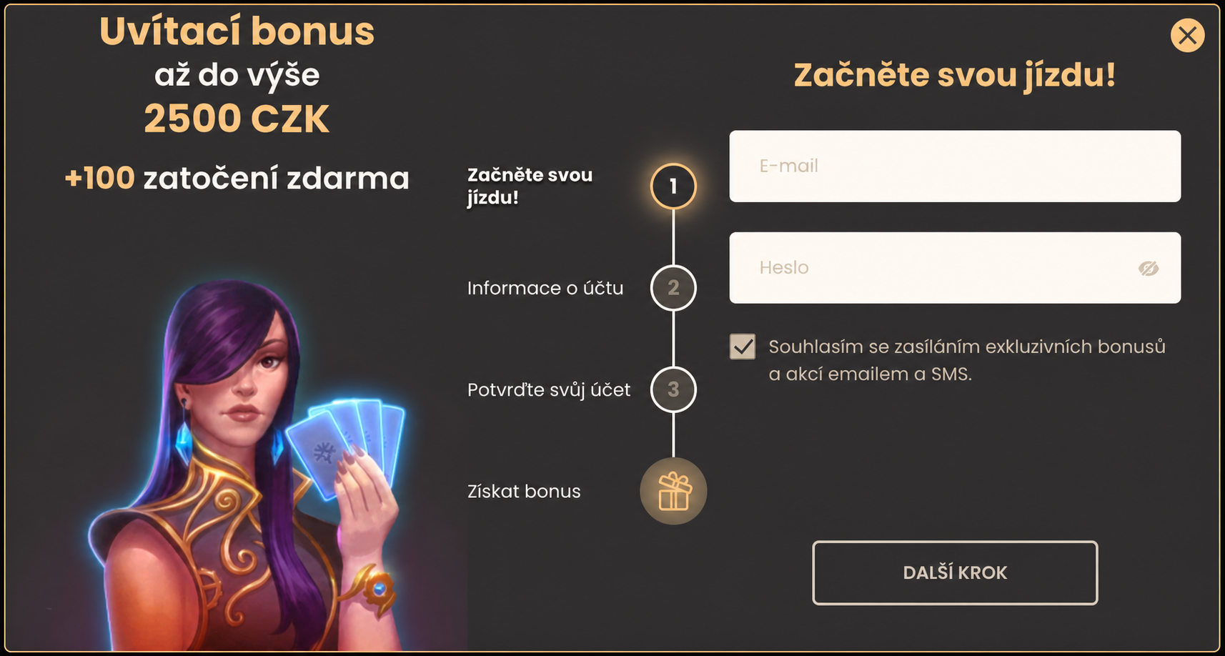 Registrační formulář s uvítacím bonusem a kroky vytvoření účtu